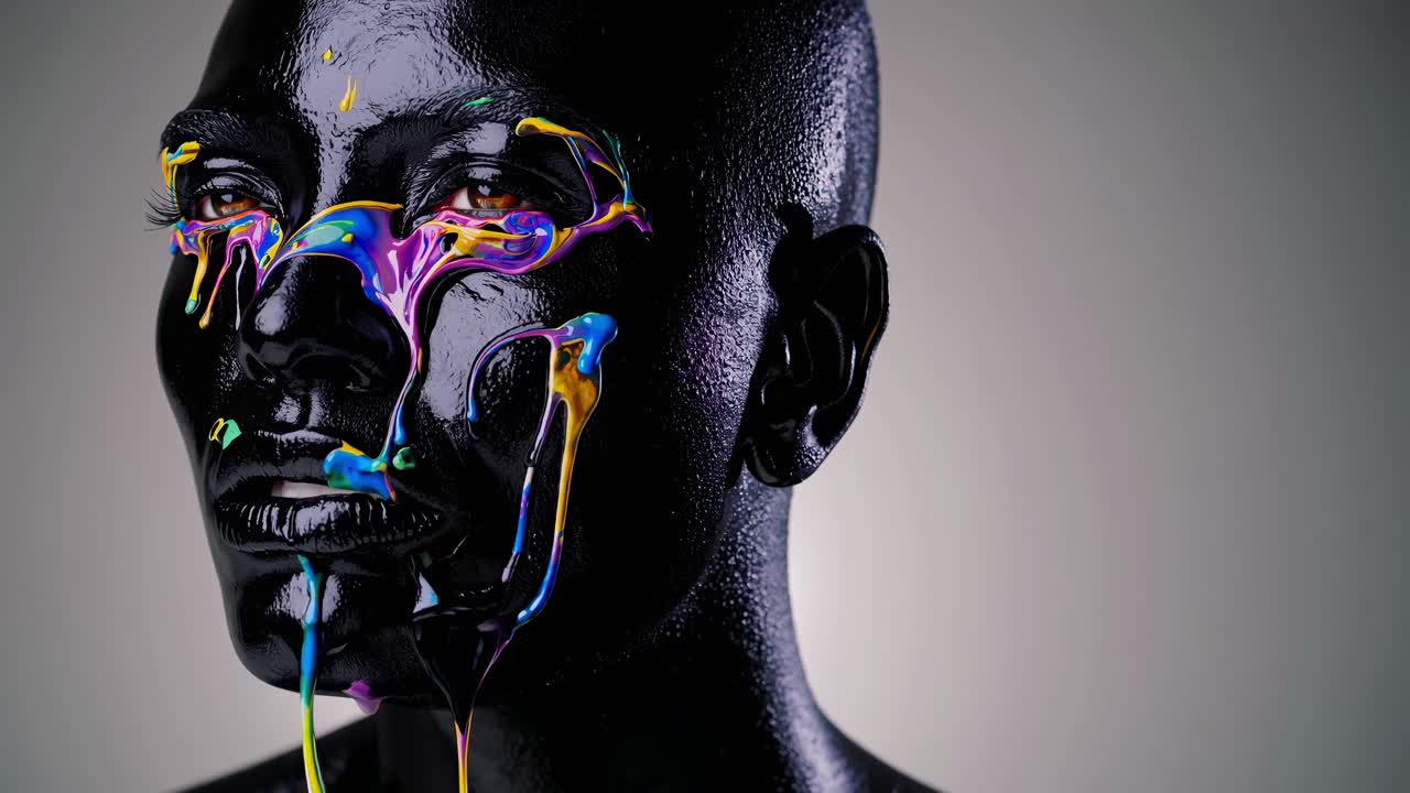 Colorful paint dripping on a model's face, covered in black paint, creates a striking visual contrast, highlighting artistic expression and the beauty of contemporary body art
