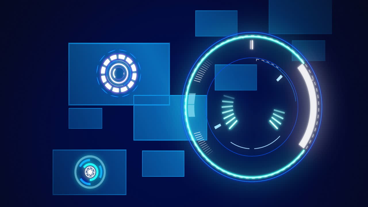Animation of scope scanning and data processing over screens on blue background