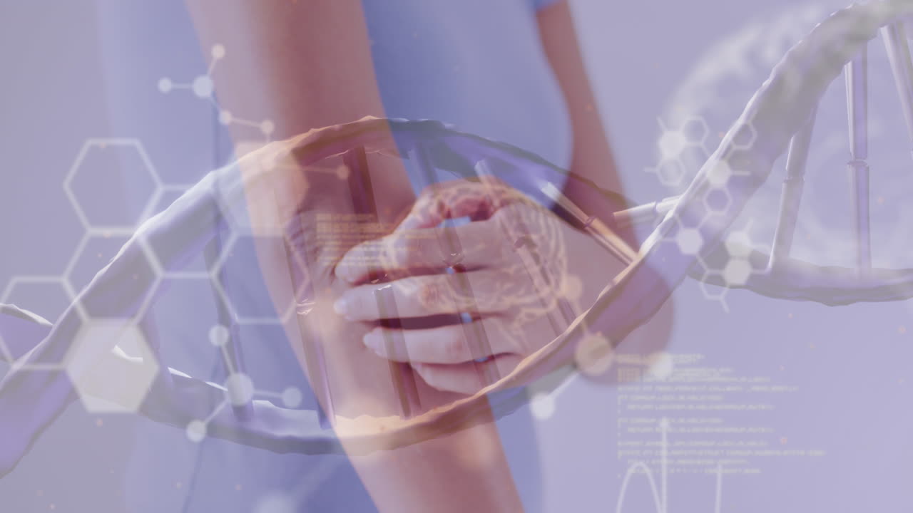 dna 가닥의 애니메이션과 두 인종 여성의 팔을 는 중간 부분에 대한 뇌 다이어그램