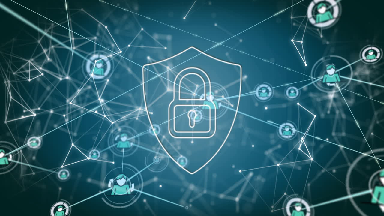 Animation of padlock and shield over network of connections with icons