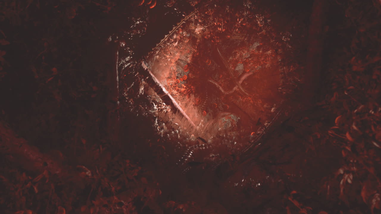 Mysterious red light illuminating forest path at dusk in a secluded area