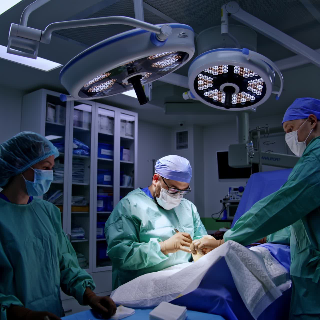 Surgeon carefully uses scalpel to start the operation. Assisting doctor talks to a nurse asking the instrument