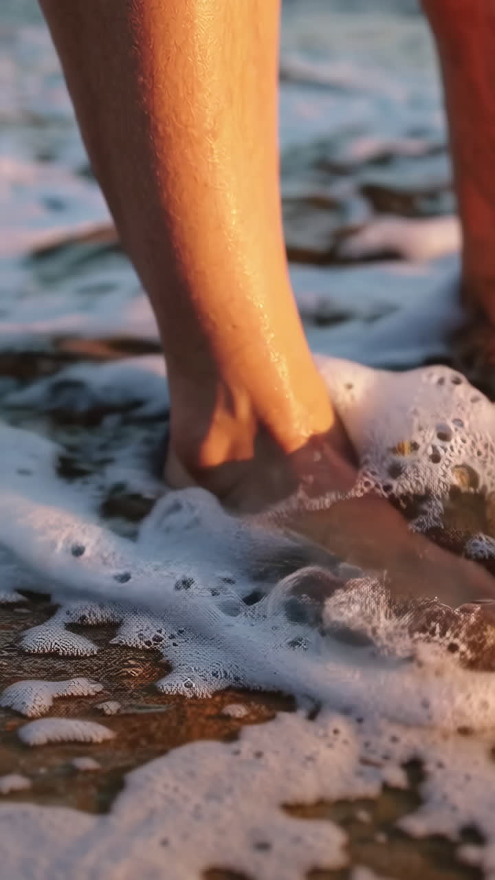 Feet in ocean waves at sunset
