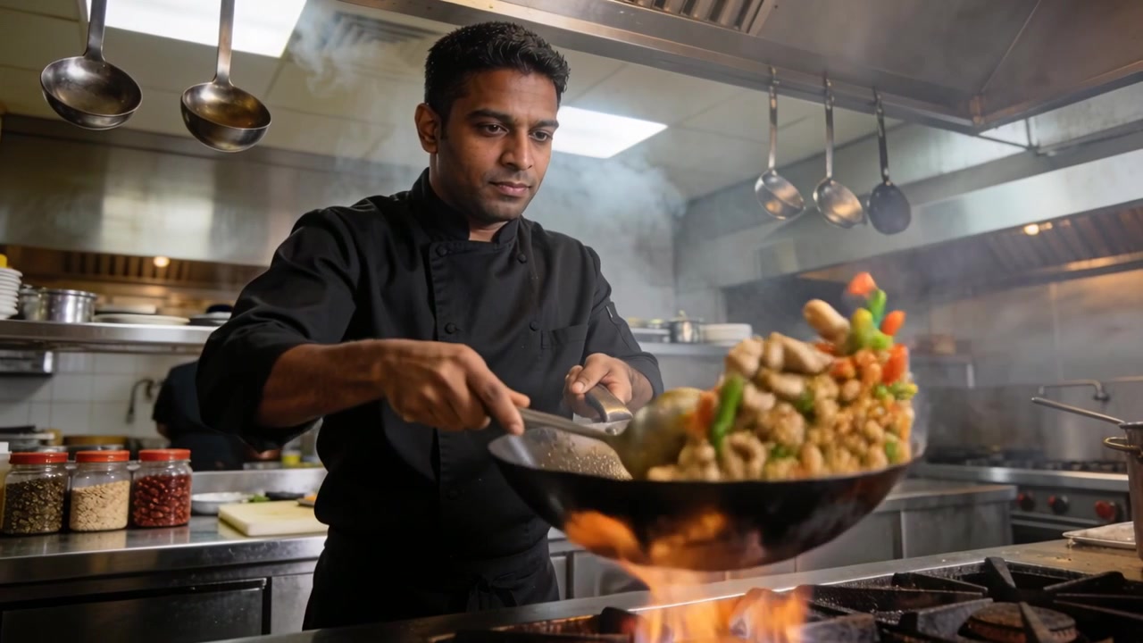 Bruciatore a gas che fiammeggia, chef indiano in giacca nera che mescola e salta il wok in una cucina affollata mentre finisce un piatto.