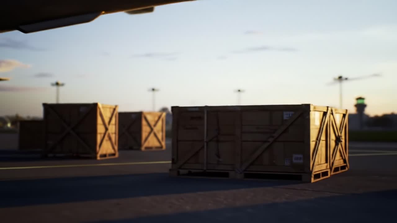 Cargo Transportation: A Proximity Shot of Shipping Crates with an Airplane Tail Silhouette Against the Evening Sky Highlighting Logistics and Freight Handling