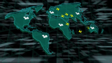 airplanes and cargo ships animation over world map with grid background