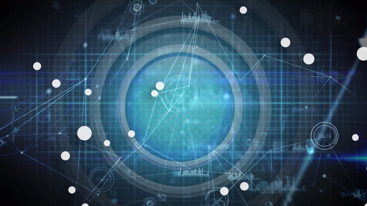 검은색 바탕에 데이터 처리를 가진 연결 네트워크를 통해 빛의 점의 애니메이션