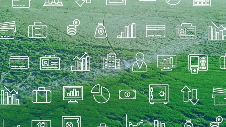 Animation of financial icons over agriculture fields