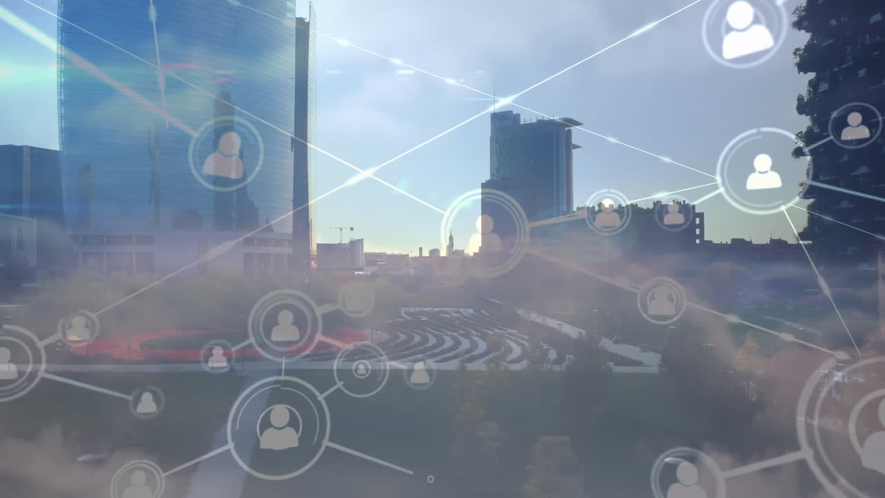 도시 풍경 위의 아이콘으로 연결된 네트워크의 애니메이션