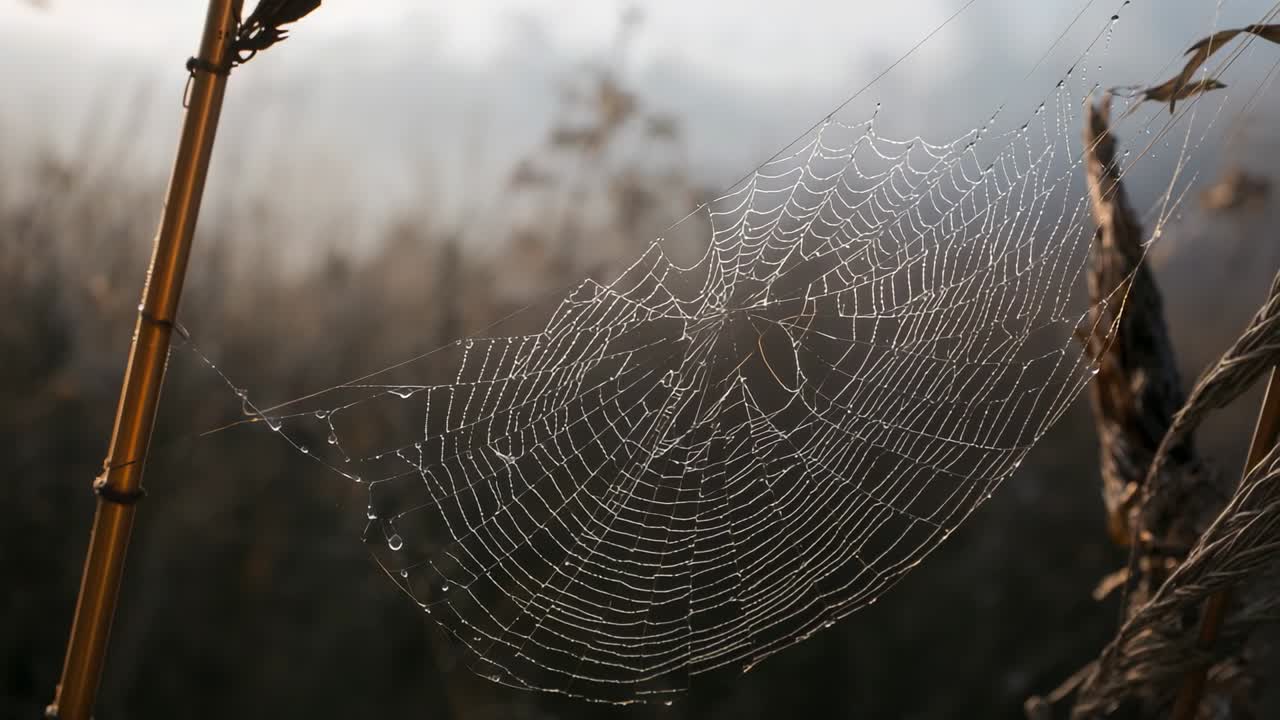 Tilting orb web spanning reed and grasses in dewy meadow, light breeze making dew droplets glisten