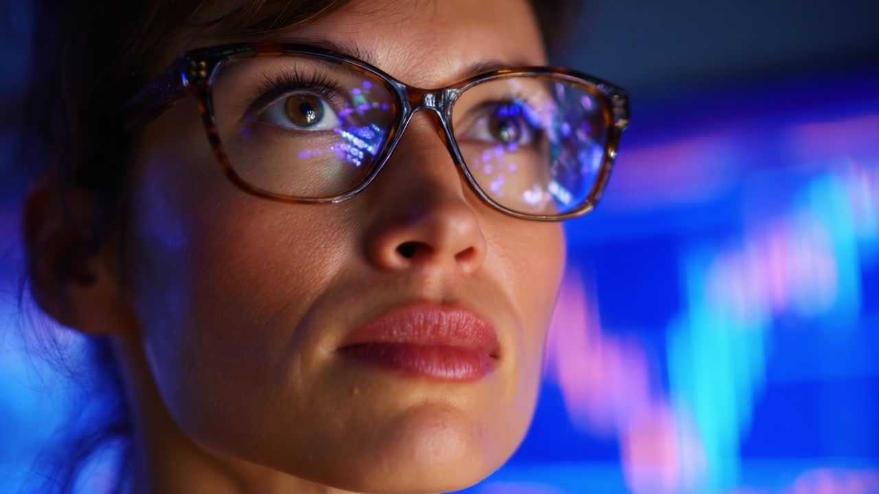 Focused Female Analyst Analyzing Data Trends Through Glasses with Digital Graphs Reflected in Lenses, Captivating Look of Determination on Her Face, Bright Blue and Red Colors Highlighting Financial Information