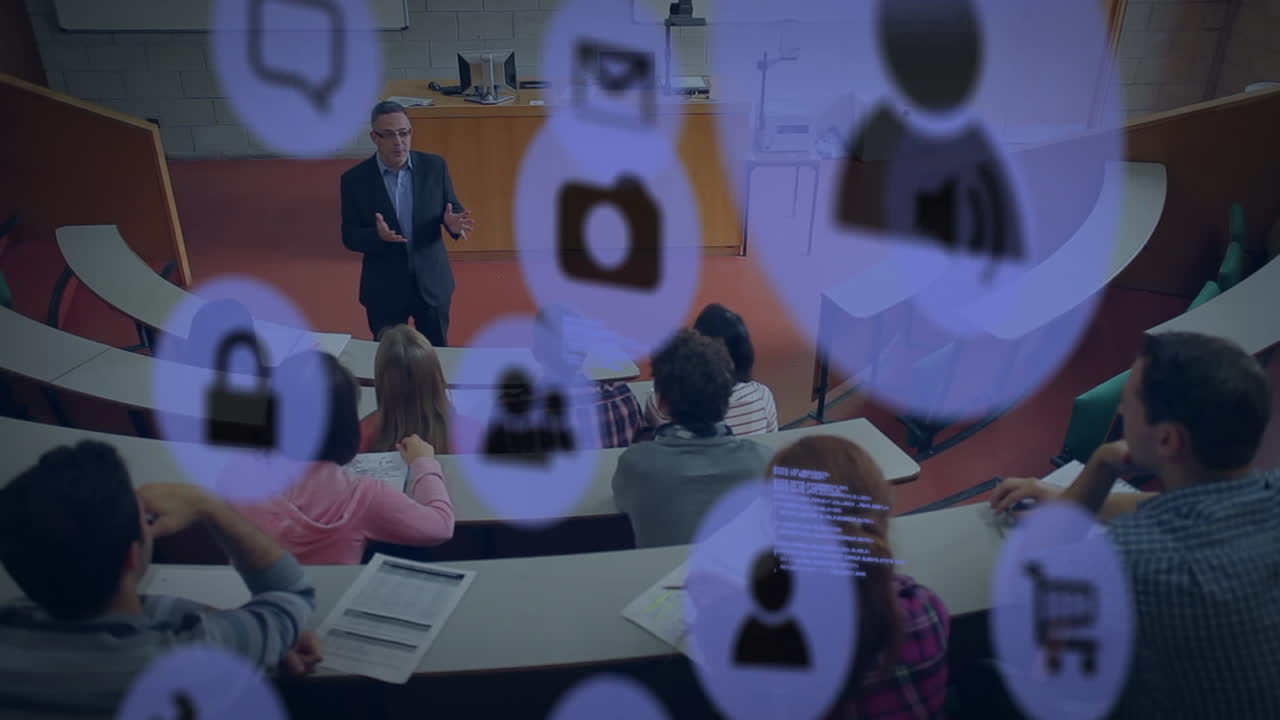 배경에서 데이터 처리를 통해 교실에 앉아있는 학생의 애니메이션.