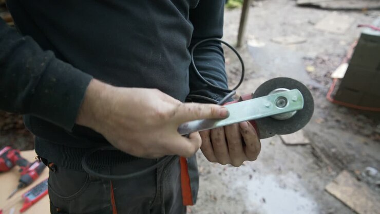 Worker changes grinding wheel on an angle grinder