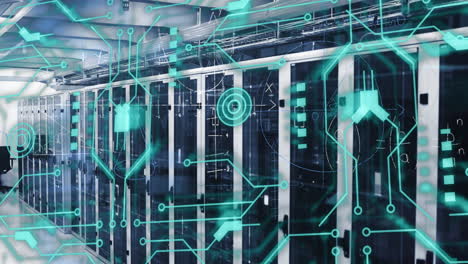 animazione delle connessioni e dell'elaborazione dei dati su schede di circuiti e server