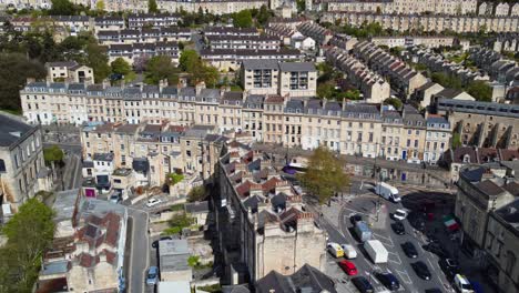 Aerial-of-the-iconic-and-busy-junction-between-Cleveland-place-and-the-A4-London-road-heading-into-central-Bath,-UK