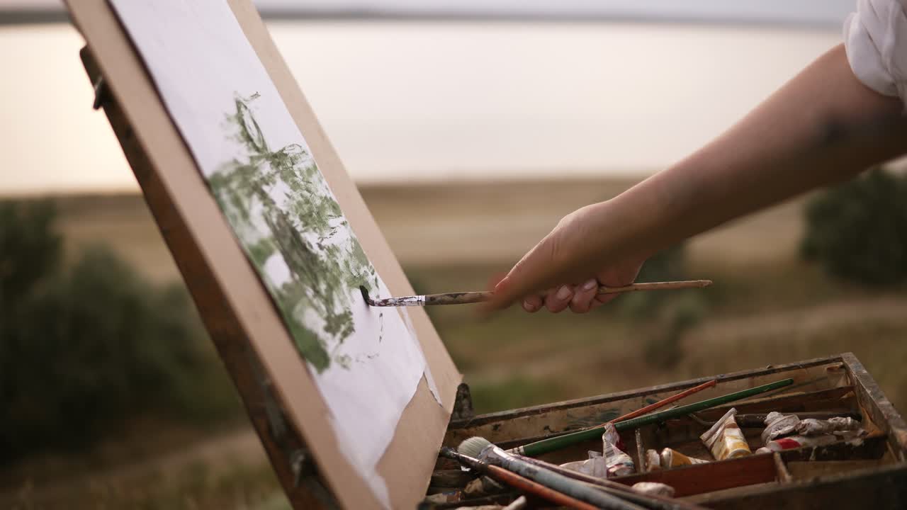 Close up of artist working on her future picture standing outdoors on a green meadow near the lake. Puts colours on canvas using a paintbrush and palette