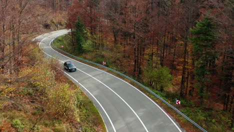 Imágenes-Aéreas-A-Vista-De-Pájaro-De-Un-Coche-Conduciendo-Por-Un-Camino-Forestal