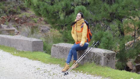 joven atractiva haciendo senderismo en las montañas