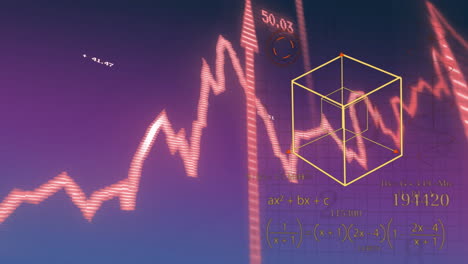 ecuaciones matemáticas y animación de cubos 3d sobre el gráfico fluctuante del mercado de valores