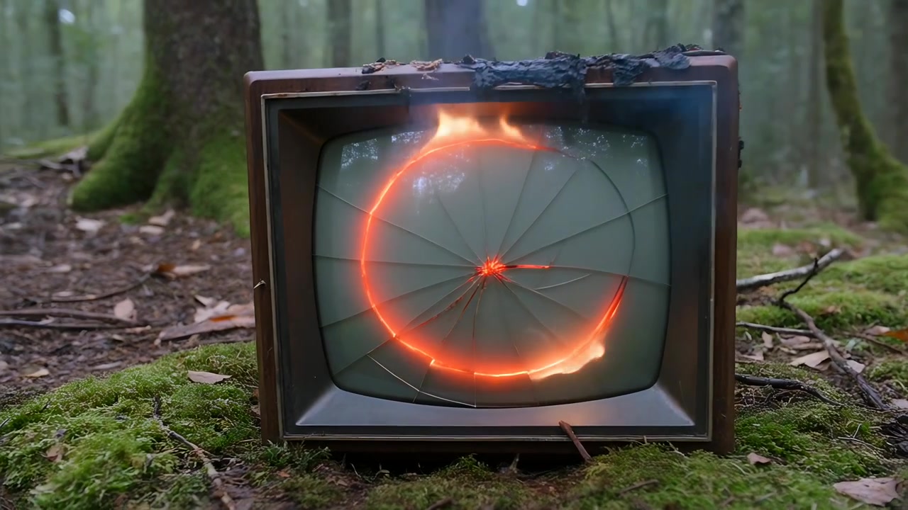 Glødende glo sporer sprukket skjerm, vintage tre-TV brenner på mosegrodd skogbunn.