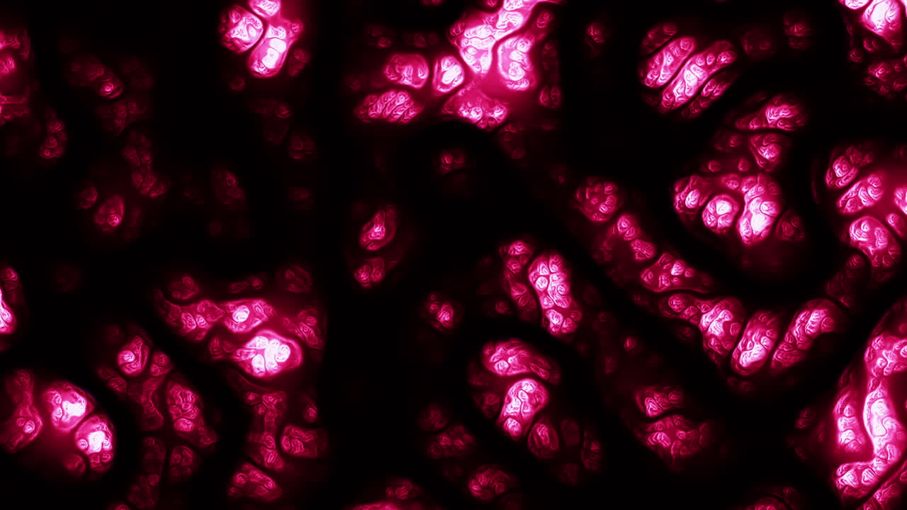 Dynamic glowing pink organic cell like structures moving on a dark background, creating a vivid abstract science inspired texture suitable for medical, biotech, technology or futuristic projects