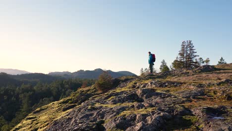 male hiker on a rock bluff ridge on vancouver island, canada, lone tree hill