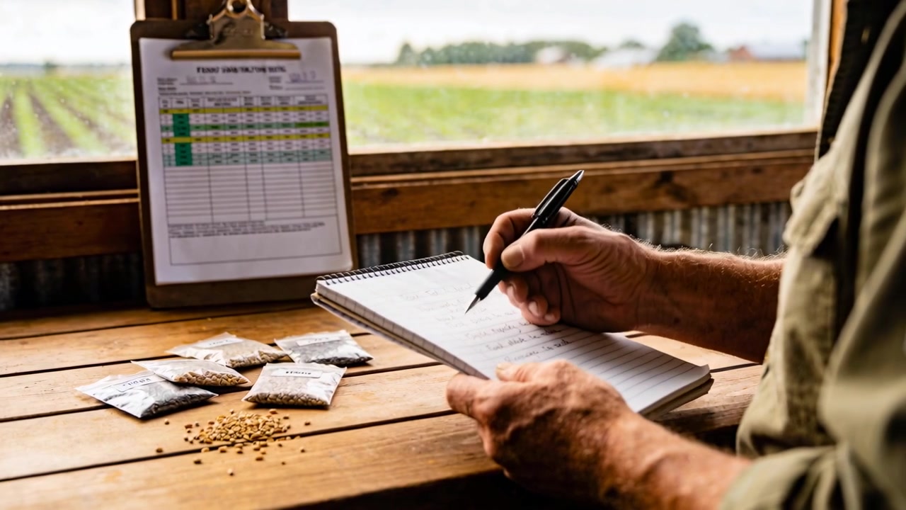 Reading notebook, farmer in rolled sleeves writing, handling seeds for records at shed, copy space
