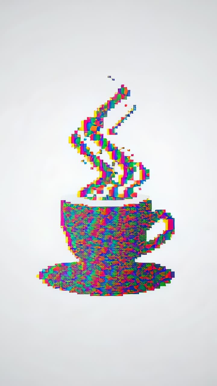 Vertical video: Glitching cup+saucer emitting three RGB steam ribbons, pixels drifting on soft-gray