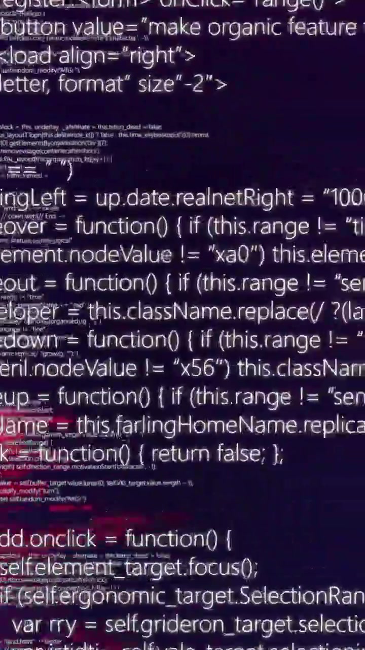Animation of red light flashes over glitching data processing on black background