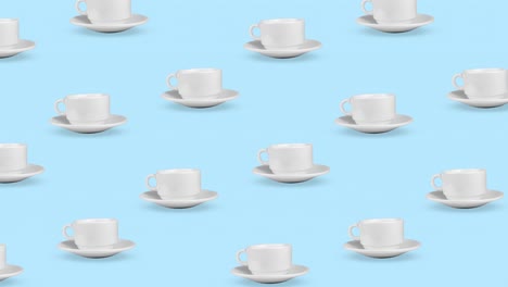 pattern with many empty white coffee cups animated on a pastel blue background. seamless looping composition with realistic 3d food and drink concept. minimal motion design art