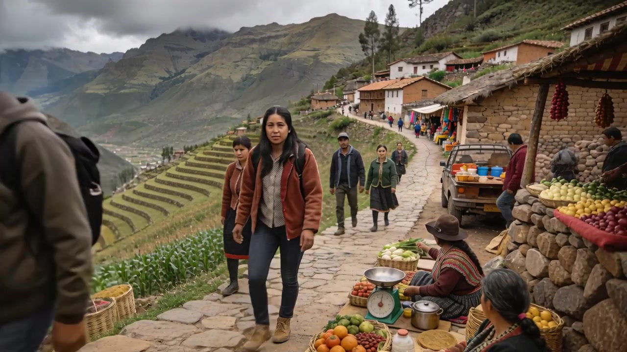 Walking hikers following woman in Andean dress with textiles entering village path passing stalls