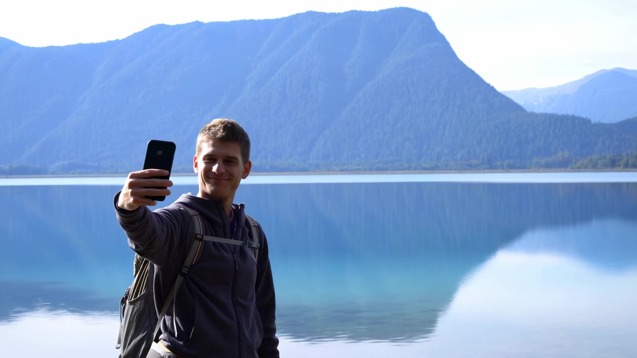 Caminhante Masculino Branco Tirando Selfie em Lago, com Cenário de Montanha Nítido e Água Azul Calma com Forte Reflexo.