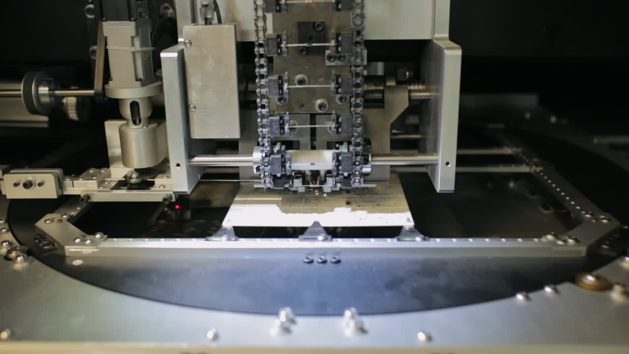 Fast Hi Tech Servo Automatic Machine is Alinging and Arranging Electronic Components on PCB Circuit Board