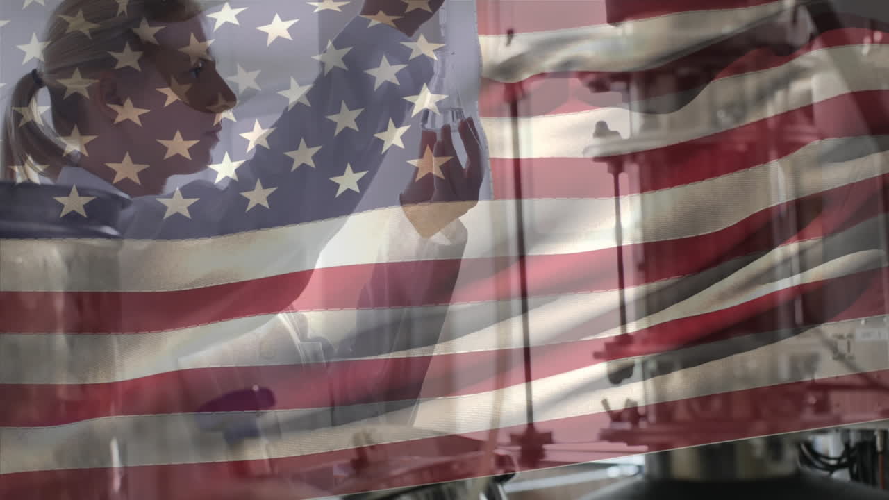 animación de la bandera estadounidense ondeando sobre la mujer en el fondo