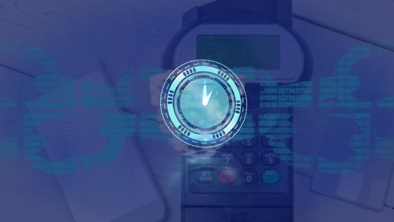 animación de reloj moviéndose rápidamente sobre la terminal de pago y la cadena