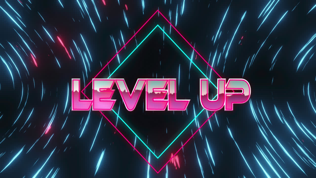 움직이는 파란색과 분홍색 빛 트레일 위에 레벨을 올리는 텍스트의 애니메이션