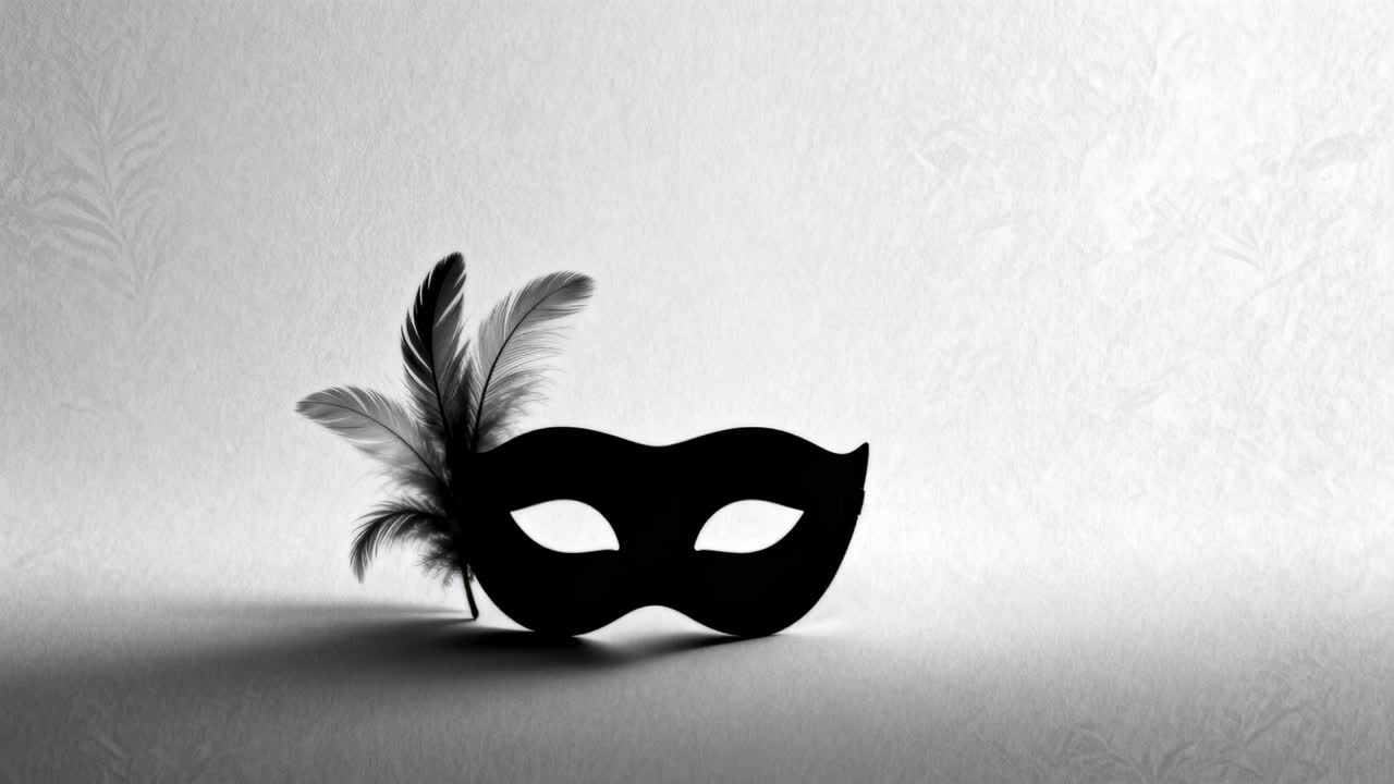 Maschera nera da ballo in maschera che ruota, con fori per gli occhi nascosti, su un tavolo con piume, cinturino e spazio per il testo.