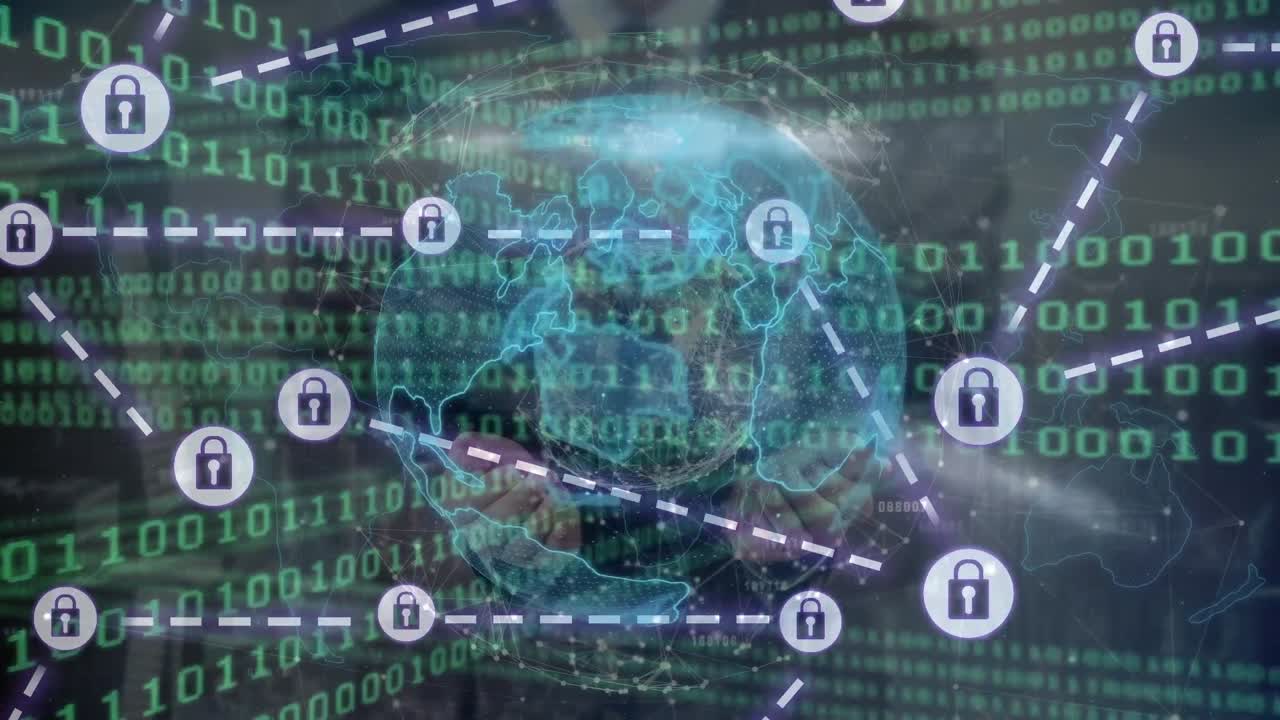 Animation of binary coding, network of connections with padlocks and data processing over globe
