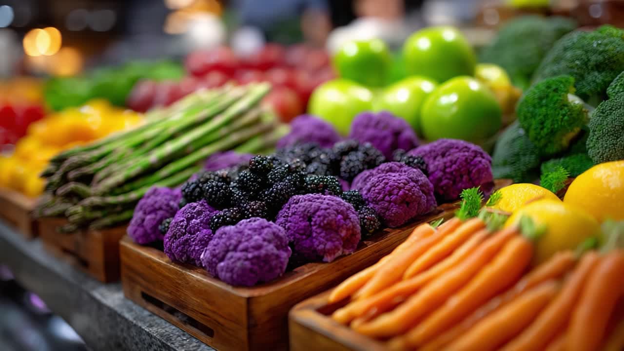 A Colorful Display of Fresh Produce: Vibrant Vegetables and Fruits Arranged Beautifully in a Market Setting, Showcasing Nature's Bounty and Nutritional Richness