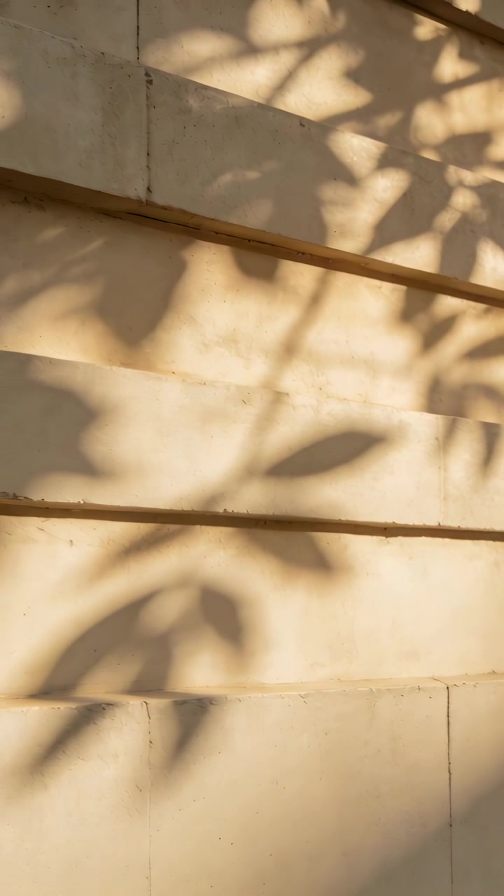 Video verticale: Luce solare che si sposta, ombre di foglie che scivolano giù su un muro modellato pallido nel cortile, mostrando la modanatura.