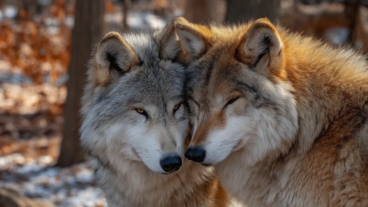 A Close Encounter of Two Majestic Wolves in a Scenic Forest Setting, Capturing Their Intriguing Expressions and Beautiful Fur Patterns Amidst Autumn Leaves