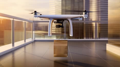 drone delivering a package to a balcony in a city