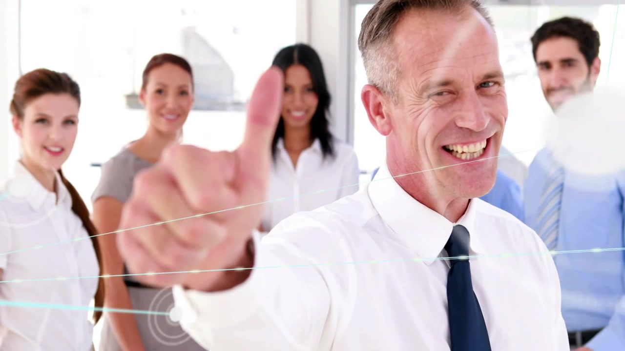 Team lead tapping in bright office, lighting virtual nodes and expanding network for business