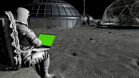 escena de ciencia ficción. la colonia del futuro en la luna. astronauta en la luna escribiendo en una computadora portátil con una pantalla verde.