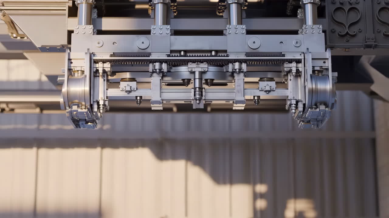 Close-up of a Complex Industrial Machine Mechanism with Gears and Moving Parts
