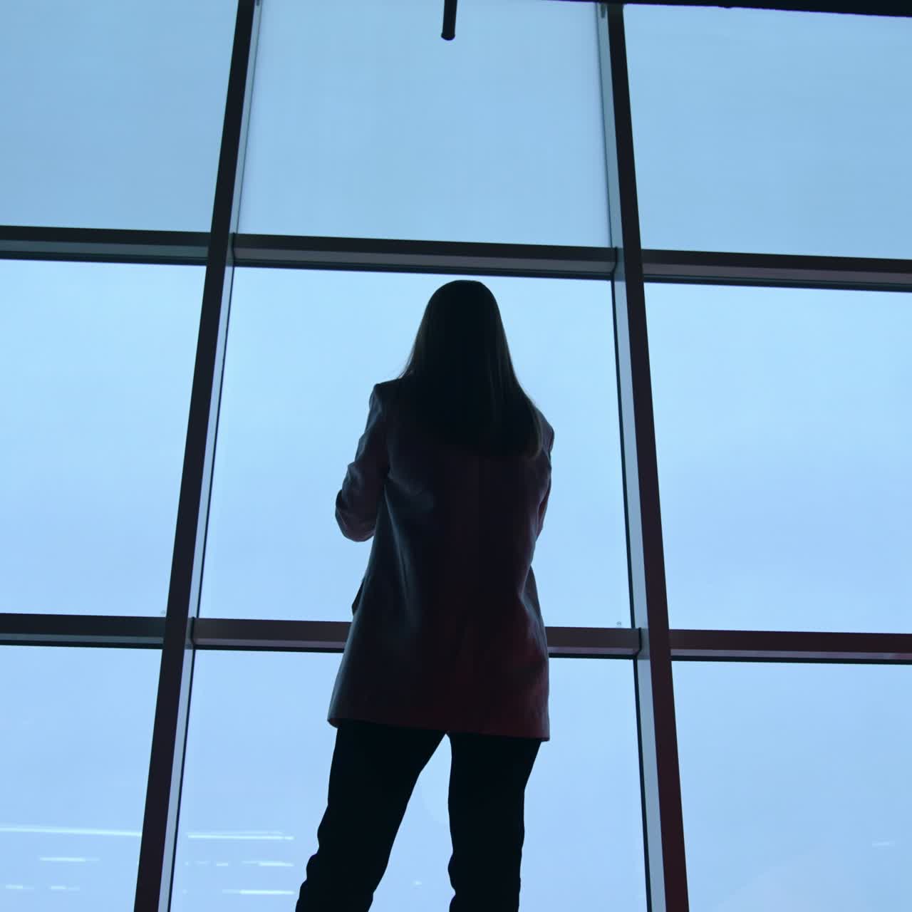 Dark silhouette of a long-haired woman standing with her back. Lady speaking on the phone in front of panoramic window. Low angle view