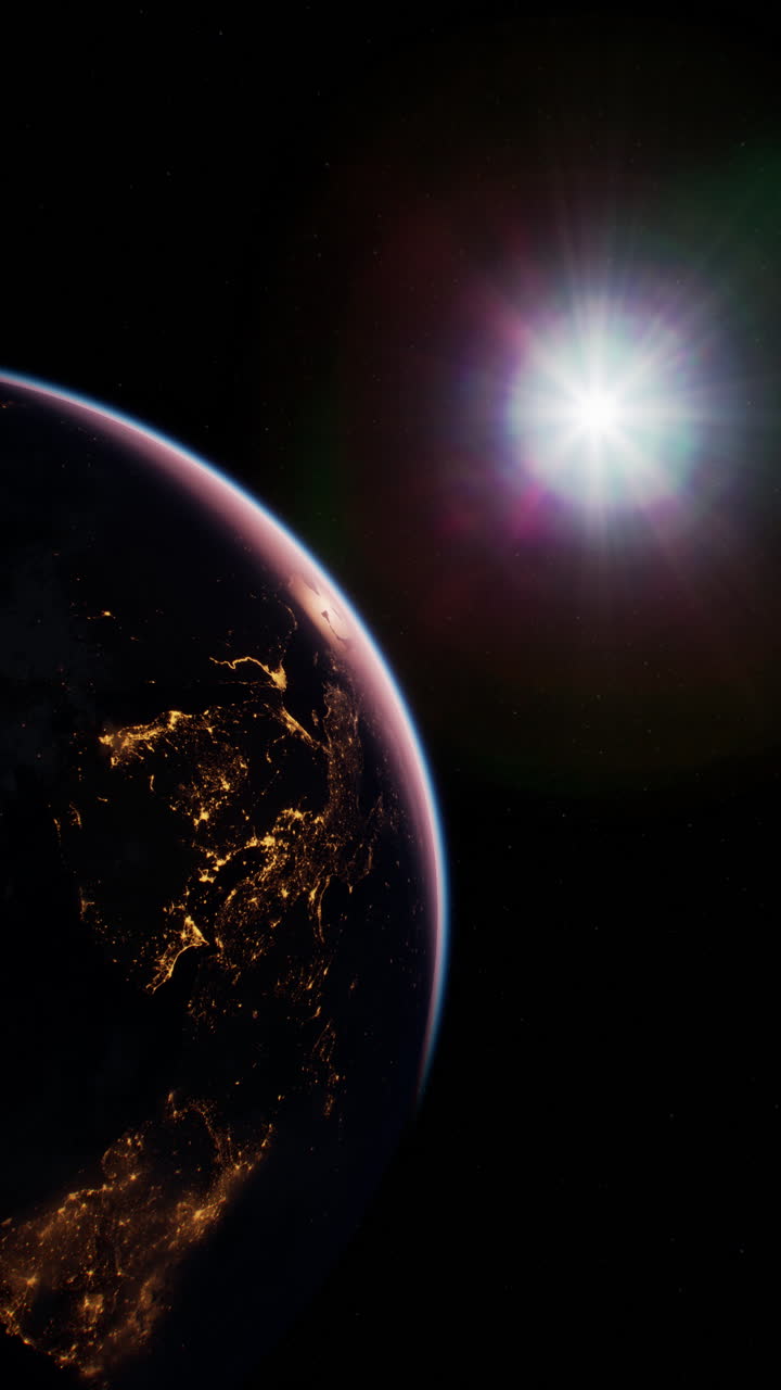 impresionante vista de la tierra desde el espacio por la noche con un sol brillante