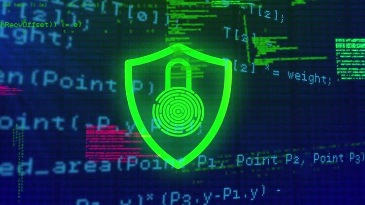 Security padlock and shield icons moving against data processing