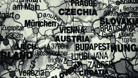 close-up of a map showing central european countries and major cities
