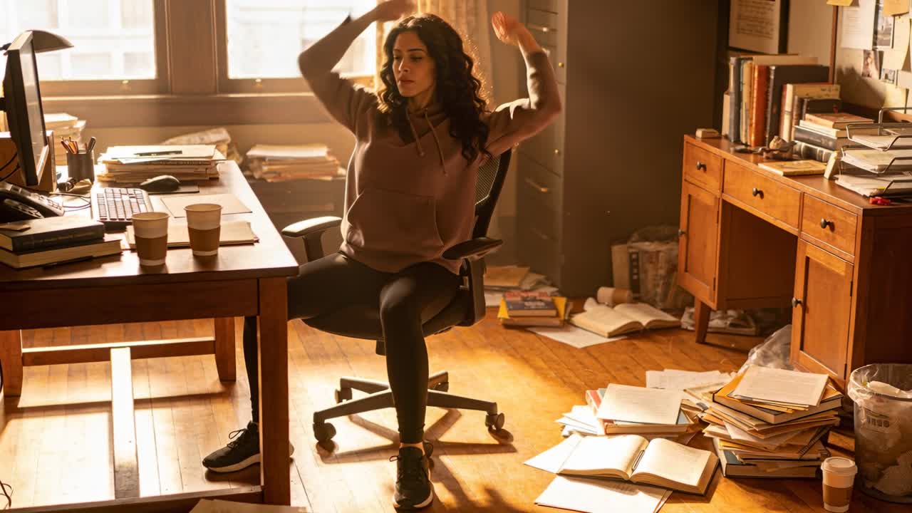 Vertical video: Stretching after break, woman in hoodie and leggings reaching for cup by monitor